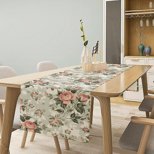 Rose Floral Table Runner, Green Pink Rose Leaf Classic Vintage Decorative Table Runner for Kitchen Dining Party Wedding Home Decor, 13x90 Inch