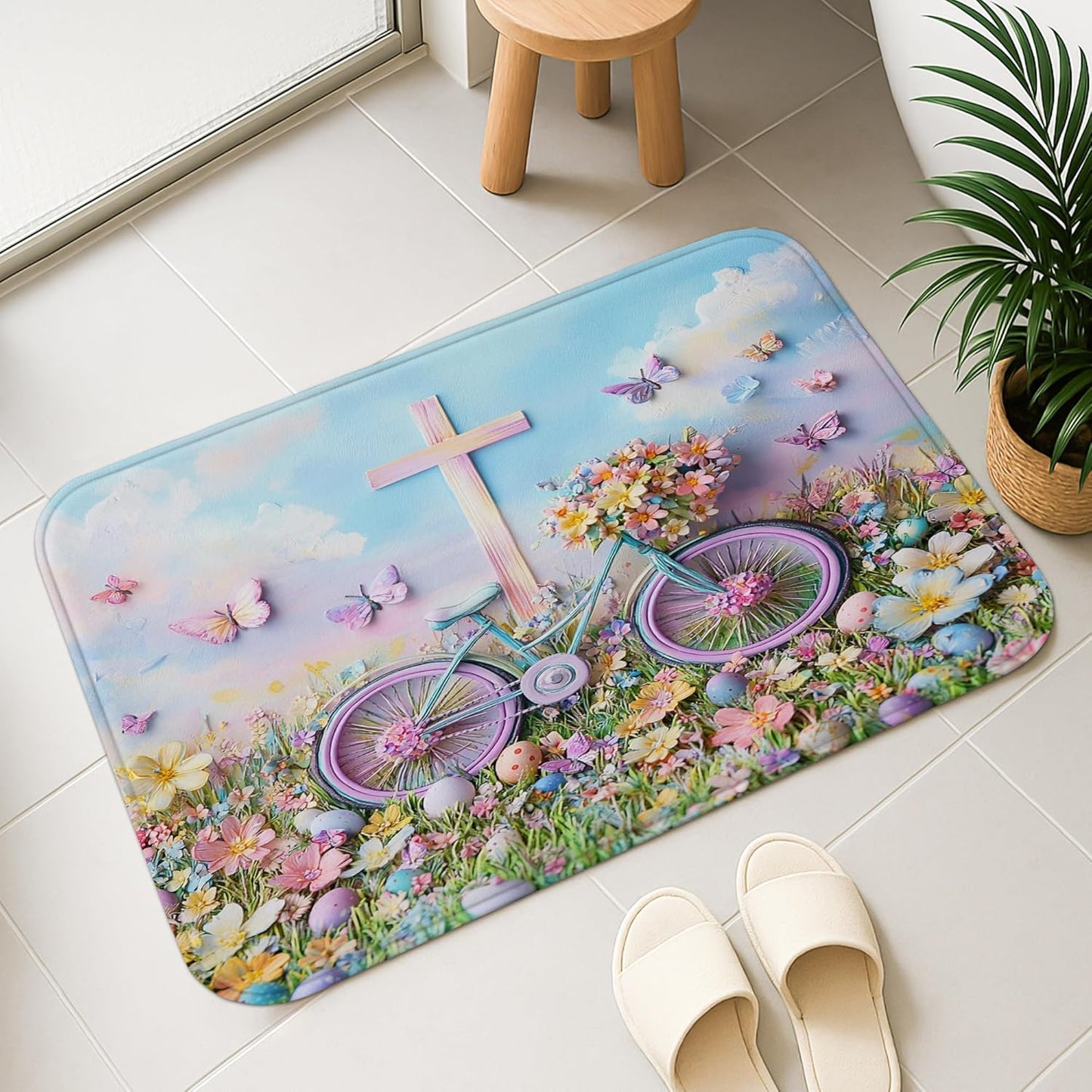Floral Bike Quick Dry Bath Mat, Fanciful Peach Butterflies Absorbent Non Slip Shower Mat, Spring Decorative Washable Bath Rugs for Bathroom Toilet Restroom 20x32 Inch