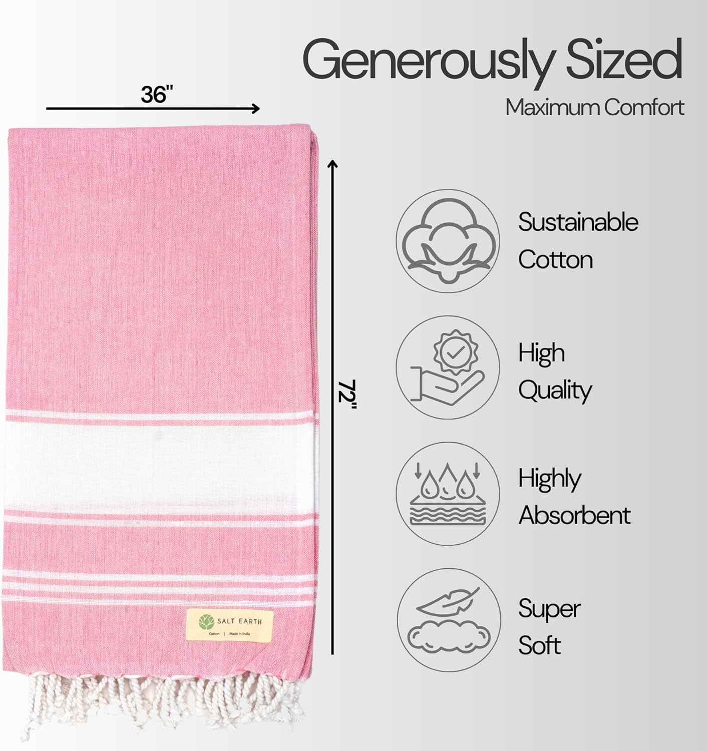 Salt Earth Cotton Turkish Beach Towel (Set of 2, 36"x72") - Soft, Quick Dry, Sand Resistant, Absorbent Towels for Bathroom, Home, Travel, Pool, Spa, Bath, Swim - Beach Towels Oversized (Pink)
