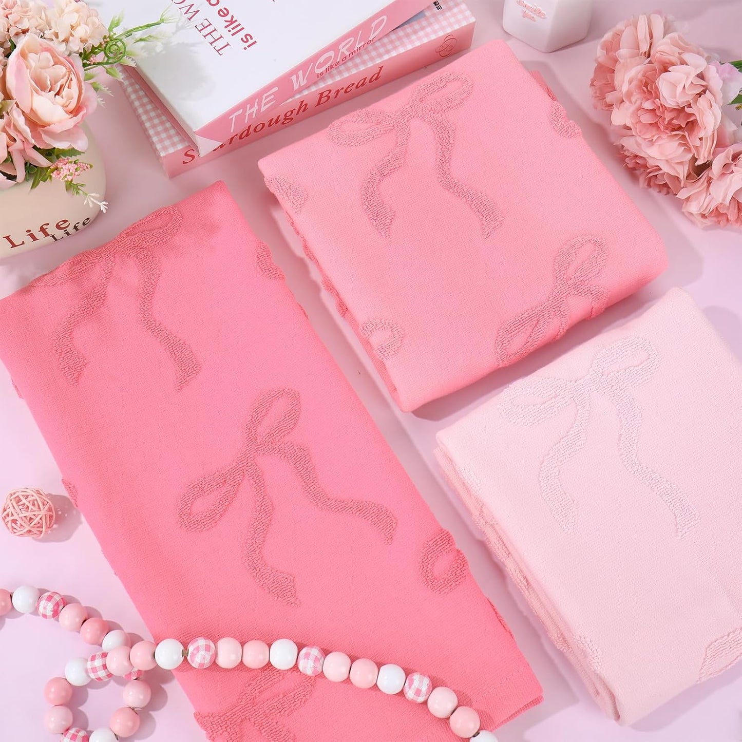 Whaline 3Pcs Pink Bow Hand Towel 3D Jacquard Cotton Towel Absorbent Coquette Dish Towels for Valentine's Day Home Kitchen Bathroom, 13.8 x 29.5 Inch
