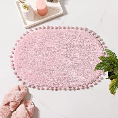 YIRDDEO Bath Mat Pink Rug with Pom Oval Bathroom Rugs for Bedroom Non Slip Cute Boho Absorbent Mats Soft Plush Washable Rug (20 x 30 inches)