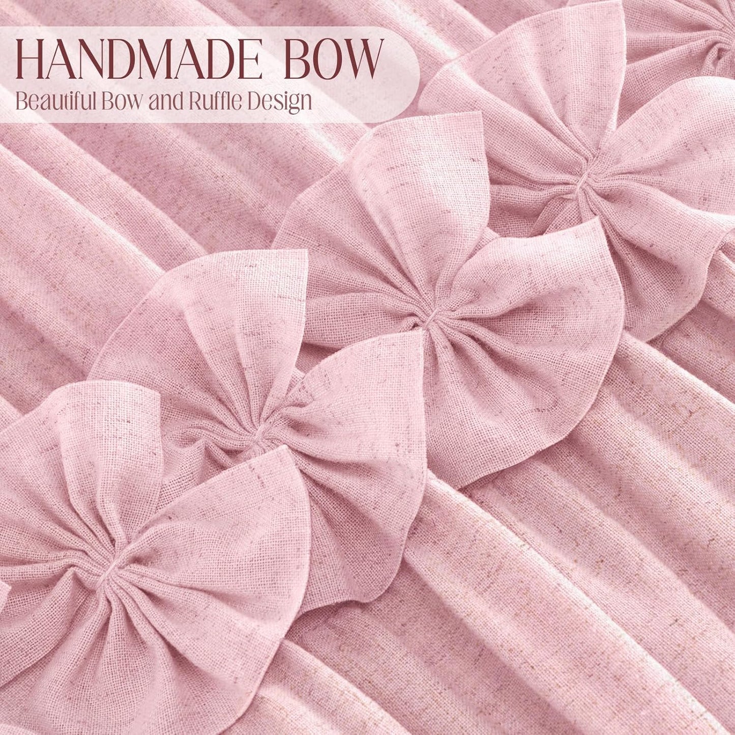 Ruffle Shower Curtain with Handmade Bow Tie, Pink Linen Vintage Farmhouse Shower Curtain for Bathroom, 72" W x 72" H