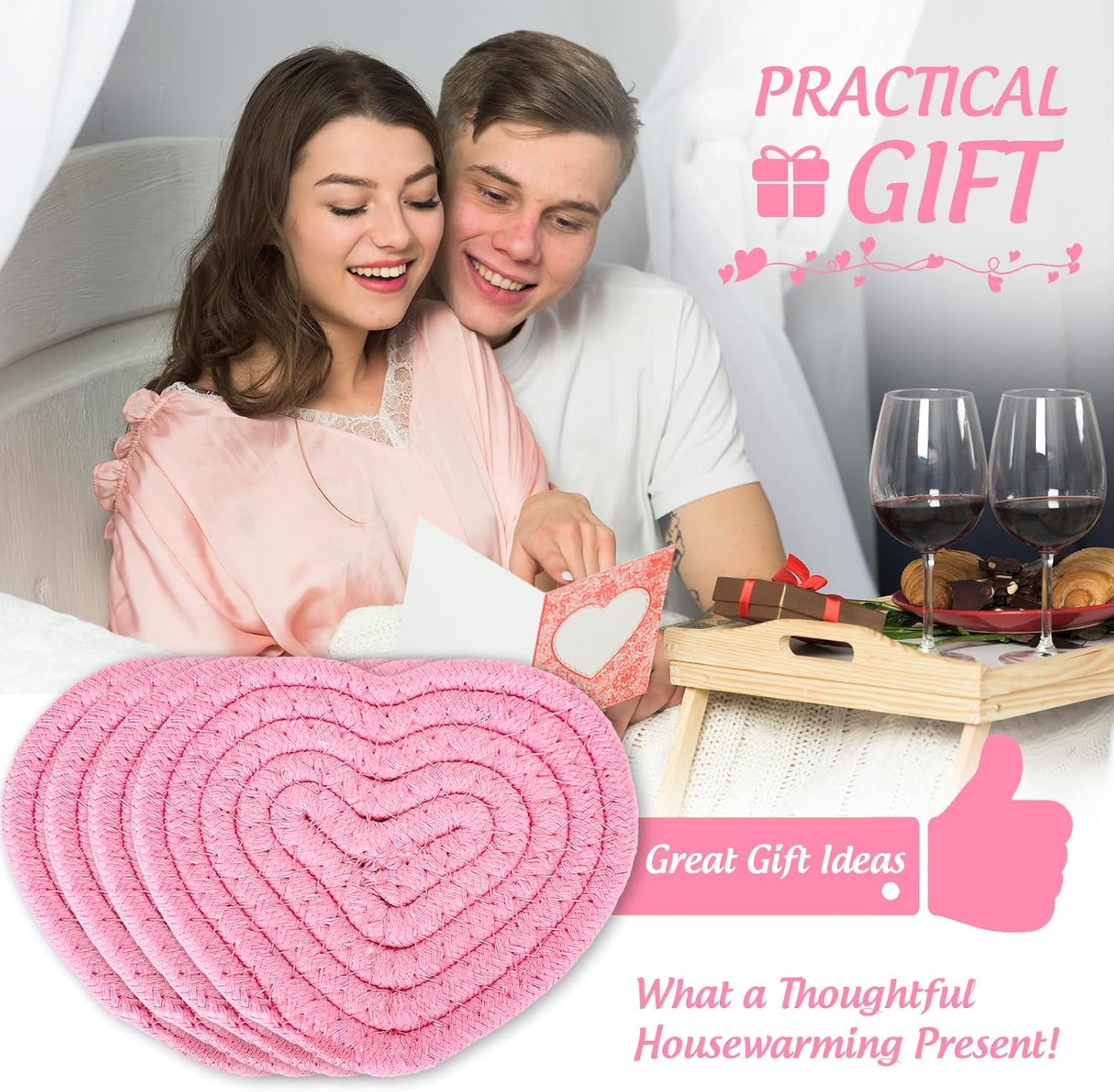 Whaline Valentine's Day Heart Coasters Pink Love Heart Shape Handmade Braided Cotton Drink Coasters Absorbent Cup Mats with Holder for Mother's Day Wedding Birthday Party Housewarming Gift, 4Pcs