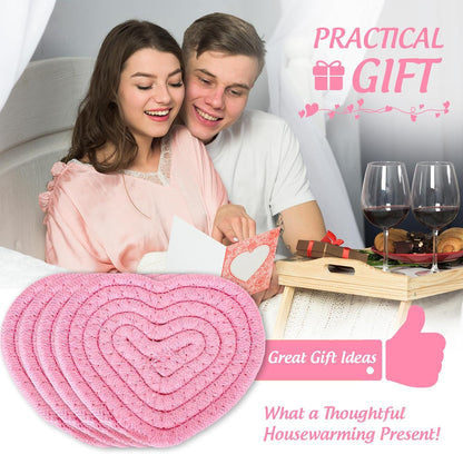 Whaline Valentine's Day Heart Coasters Pink Love Heart Shape Handmade Braided Cotton Drink Coasters Absorbent Cup Mats with Holder for Mother's Day Wedding Birthday Party Housewarming Gift, 4Pcs