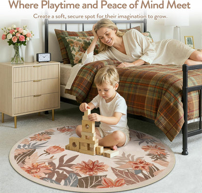 Beeiva Floral Round Rug 4ft for Entryway - Washable Circular Pink Boho Rug for Bedroom, Non Slip Small Rugs Circle Carpet for Dining Room Kitchen Table Flower Print Décor(Beige,Round 4')