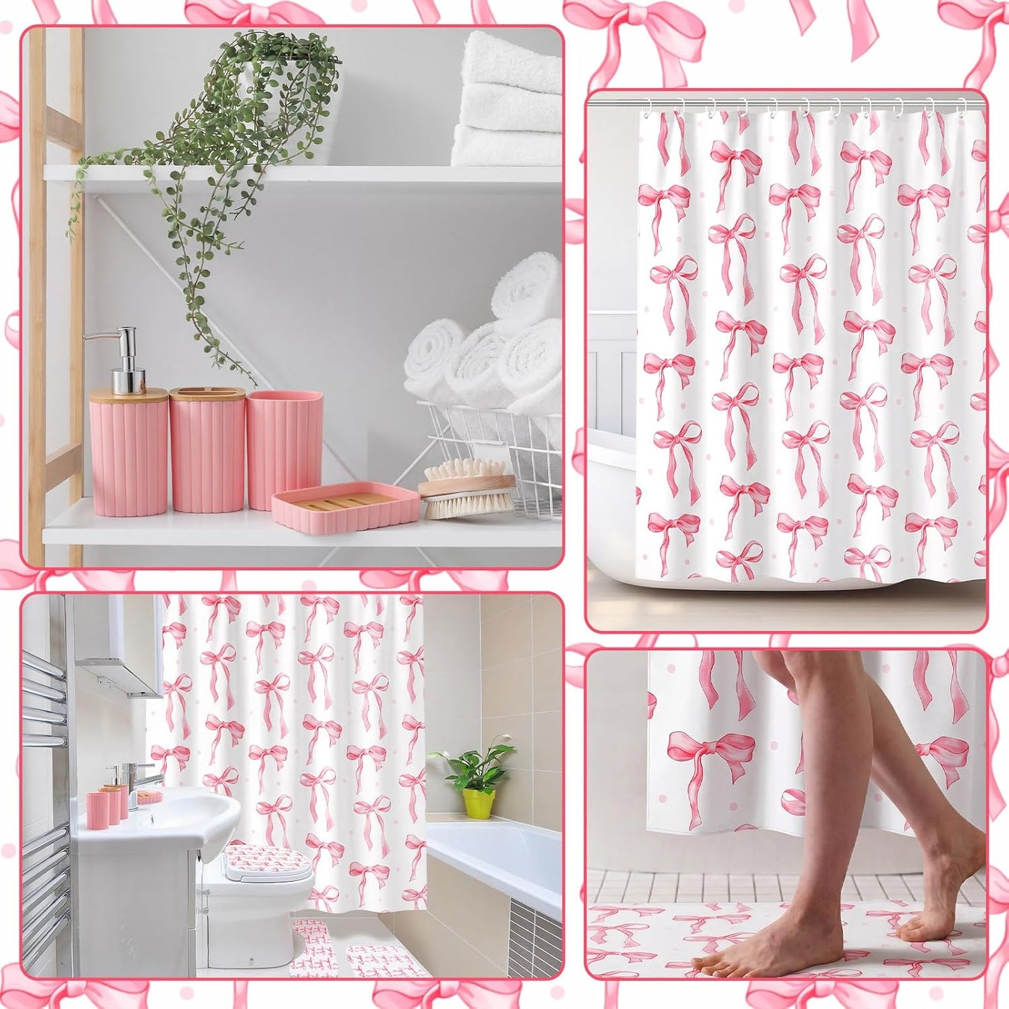 Patelai 10 Pcs Pink Bow Bathroom Accessories Set Cute Coquette Shower Curtain and Rugs Aesthetic Girly Bow Farmhouse Bathroom Decor Trash Can Soap Dish Toilet Lid Cover Toothbrush Holder Cup for Home