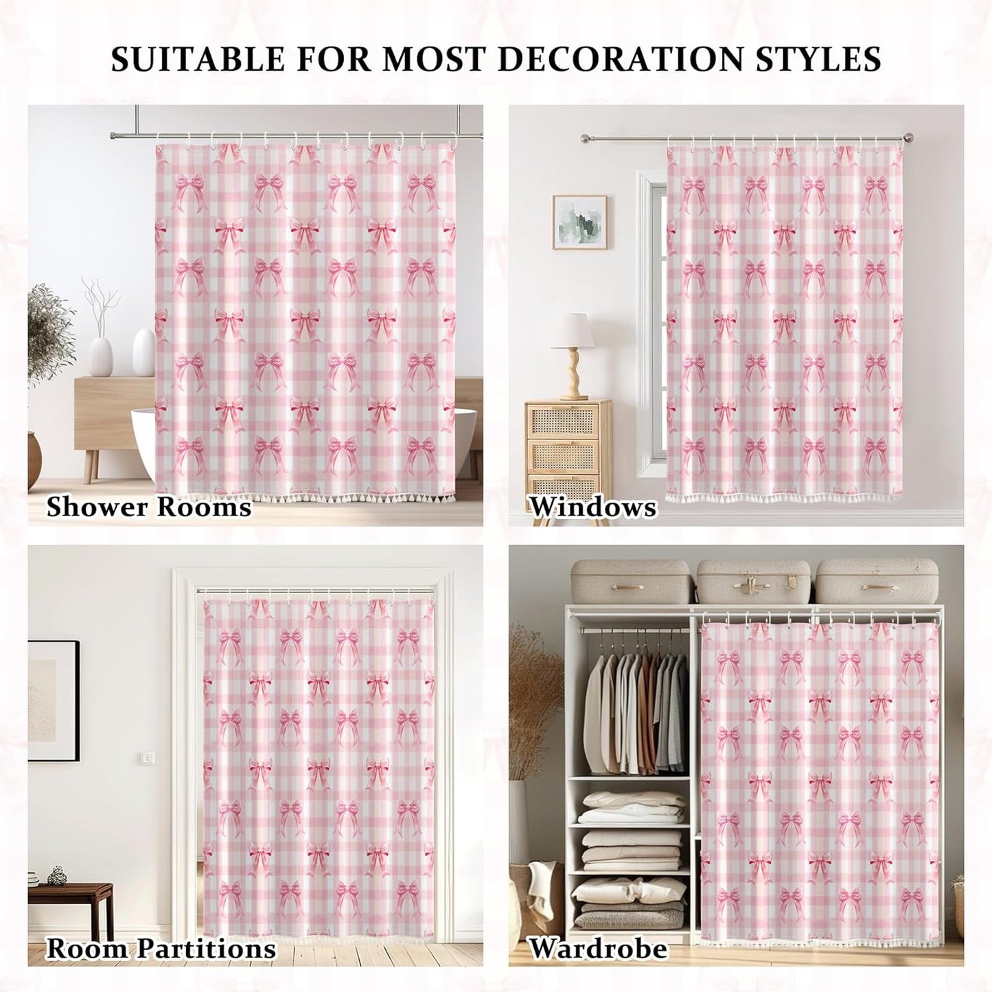 AOFOTO Pink Bow Shower Curtain with Tassels, Pink Buffalo Plaid Bath Curtain Accessories Set with Hooks Cute Aesthetic Art Girly Bathroom Tassel Shower Curtains for Women Girl Home Decor 72x72 Inch