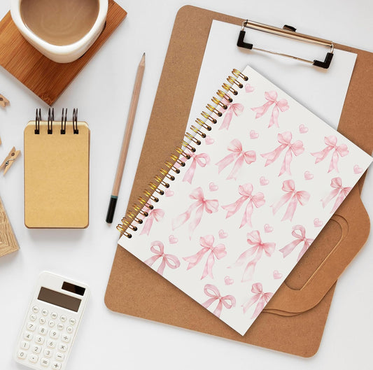 Pastel Pink Bow Notebook, Coquette Bow Journal, Preppy Aesthetic Notebooks for Women, Coquette Girly Office Supplies, Preppy Pink Hardcover Spiral Notebook 5.5x8.3 Inch