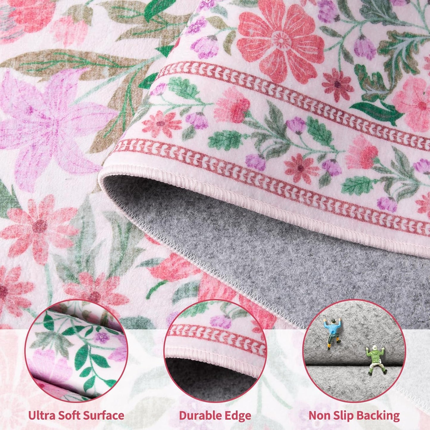 Ciicool 2x4 Small Rug for Entryway Runner Kitchen Washable Area Rugs Low Pile Soft Boho Non Slip Carpet for Entrance Hallway Laundry Bedroom Pink Floral Carpets