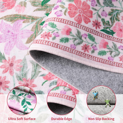 Ciicool 2x4 Small Rug for Entryway Runner Kitchen Washable Area Rugs Low Pile Soft Boho Non Slip Carpet for Entrance Hallway Laundry Bedroom Pink Floral Carpets