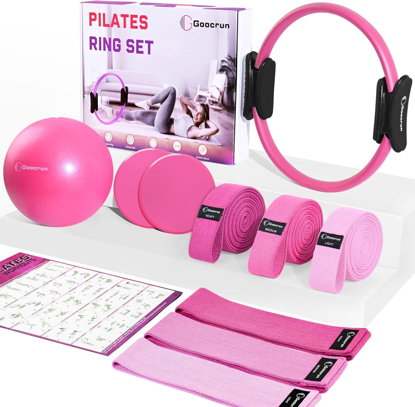 Goocrun Pilates Ring Set Exercise Equipment, with Exercise Resistance Bands Set, Pilates Ball, Sliding Disks. Portable Home Gym - with Fitness Guide Poster
