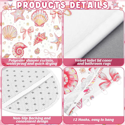 Tatuo 8 Pcs Beach Shower Curtain Set Blue Bow Ocean Summer Beach Party Bathroom Accessories Sets Coquette Starfish Coastal Waterproof Shower Curtain with Towels Carpet Bath Mat Toilet Rugs 12 Hooks
