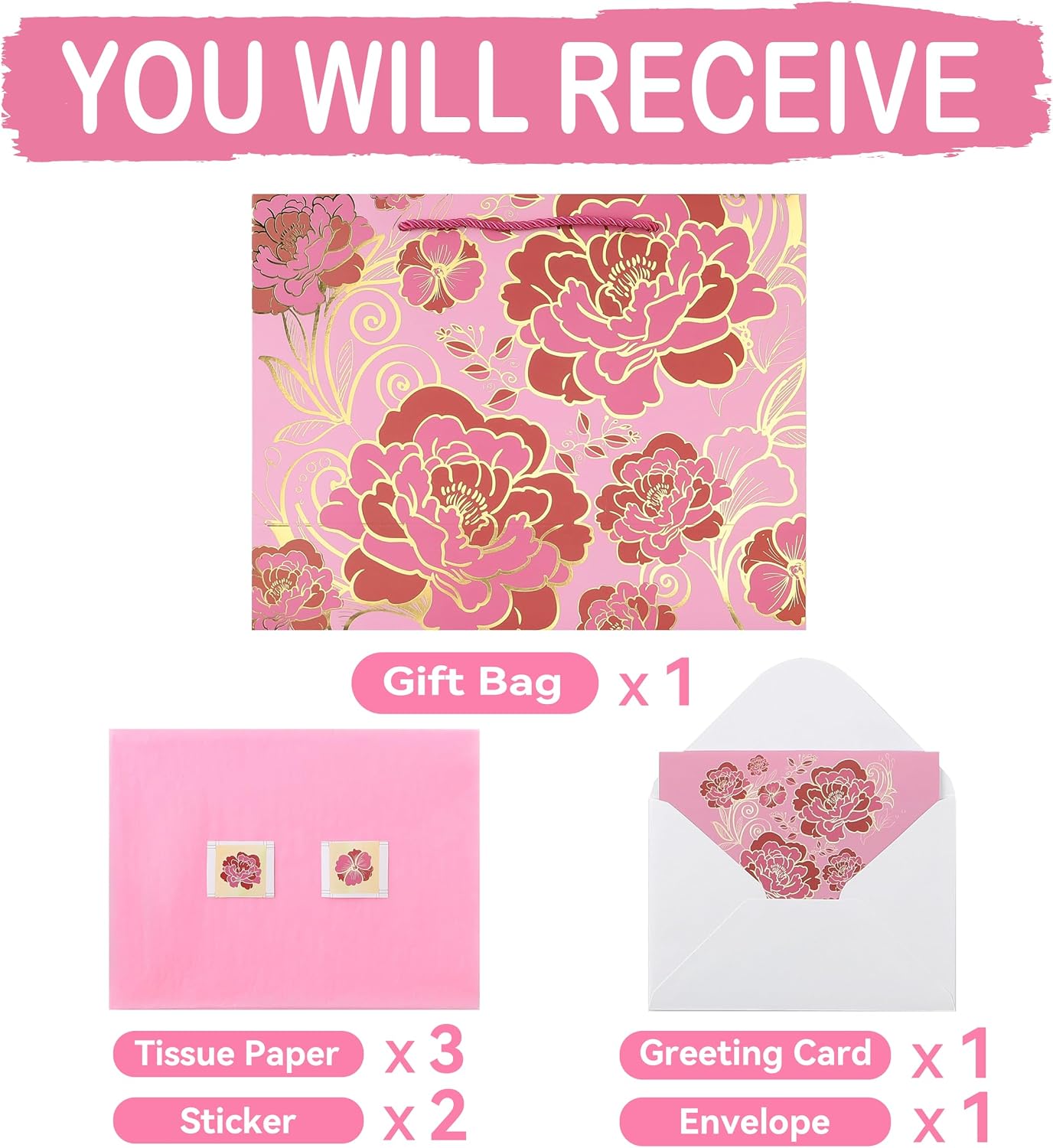 13" Large Rose Pink Gift Bag Set with Greeting Card and Tissue Paper(Foil Traced Flowers) for Celebrating Birthdays, Mother's Day, Valentine's Day, Weddings, Anniversaries - 13”x5.2”x10.2”,1 Pcs.