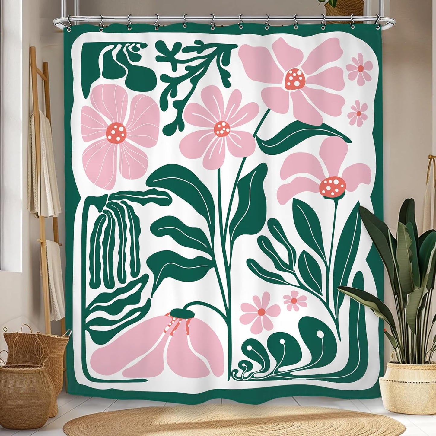 Abstract Flower Matisse Shower Curtain 60Wx72L Inch Pink Green Plant Minimalist Contemporary Retro Art Groovy Modern Bathroom Set Accessories Decor with 12 Pack Hooks