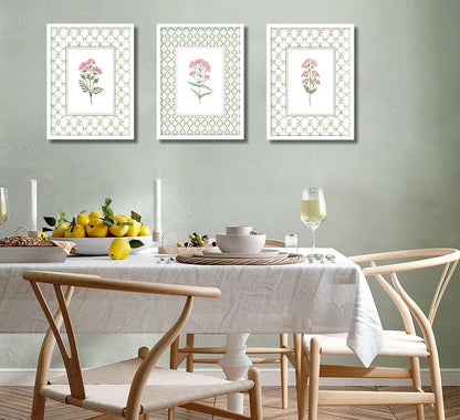 3Pcs Pink Green Floral Wall Art Wildflower Baby Room Painting Picture Wall Decor Pastel Botanical Poster Print Artwork for Bedroom Living Room Girls Bedroom Nursery Dining Room Home Decoration