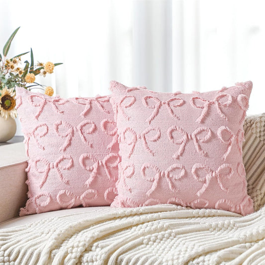 SmoothNovelty Pink Bow Pillow Covers 18x18 Set of 2 Coquette Preppy Room Decor Stuff Decorative Embroidered Pillow Cases Cute Aesthetic Fluffy Plush Bowknot Cushion Covers for Bedroom Couch Sofa