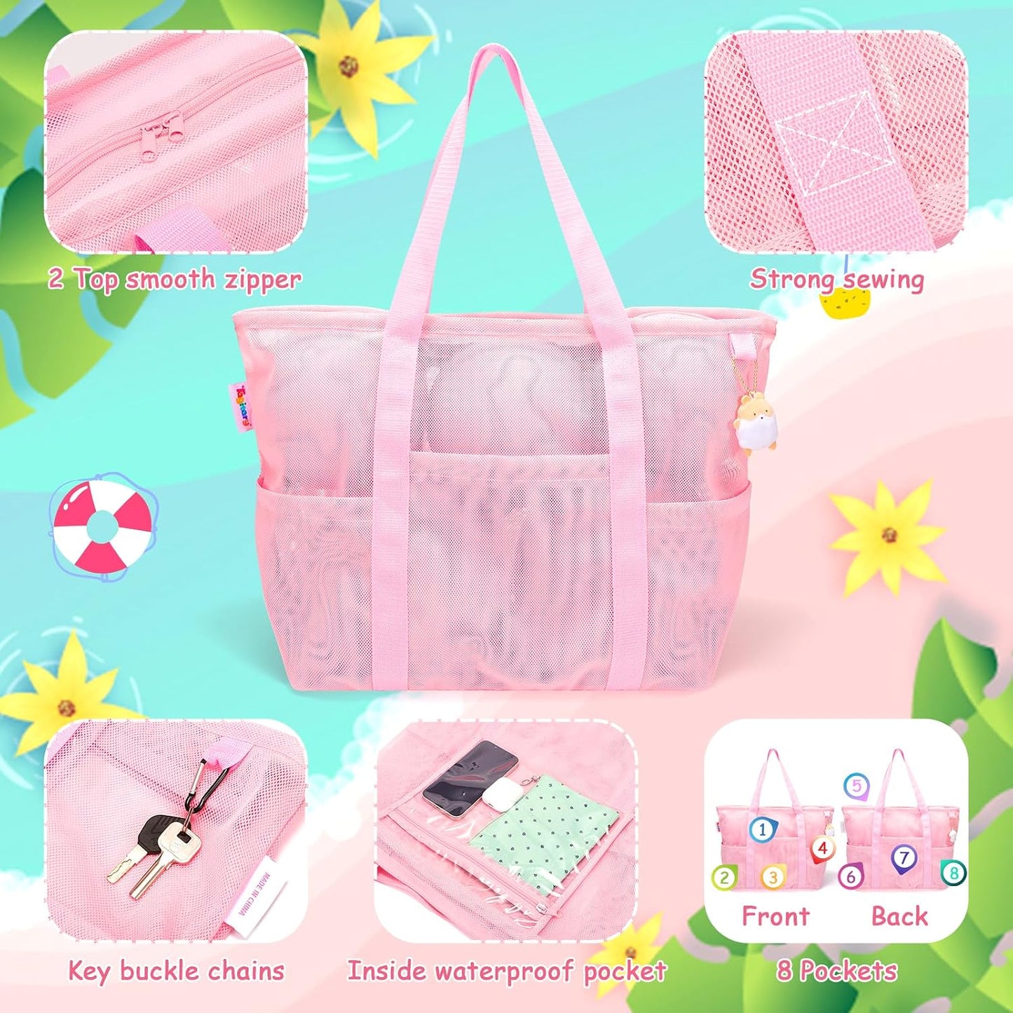 Tagitary Mesh Beach Bag with Zipper Large Beach Tote Waterproof Sandproof with 8 Pockets for Toys Pool Bag Beach Accessories