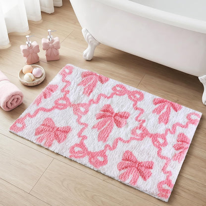 Lindameler Pink Bow Bathroom Rugs Coquette Cute Bath Mat Non Slip Absorbent Bow Bath Mat Washable 16 X 24 inch Bathroom Mats for Front Door, Bedroom, Living Home Decor