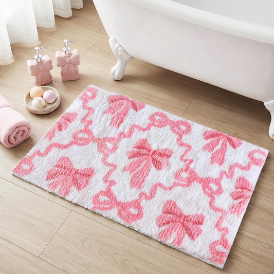 Lindameler Pink Bow Bathroom Rugs Coquette Cute Bath Mat Non Slip Absorbent Bow Bath Mat Washable 16 X 24 inch Bathroom Mats for Front Door, Bedroom, Living Home Decor