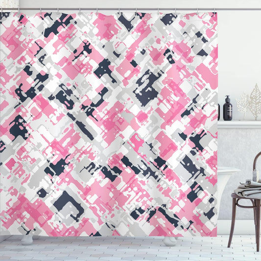 Ambesonne Geometric Shower Curtain, Grunge Style Abstract Modern Watercolor Brushstroke Fluid Colors Design, Cloth Fabric Bathroom Decor Set with Hooks, 69" W x 75" L, Baby Pink