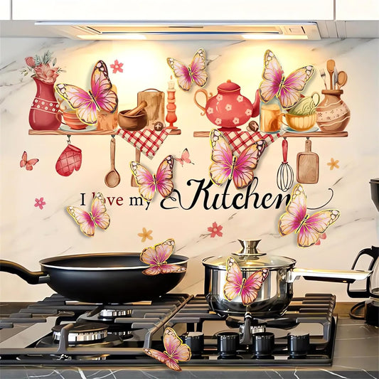 Kitchenware Utensil Shelf 3D Butterfly Pink Wall Stickers, sacinora I Love My Kitchen Wall Decals Removable Vinyl Peel and Stick for Kitchen Dining Restaurant Bar Home Decorations