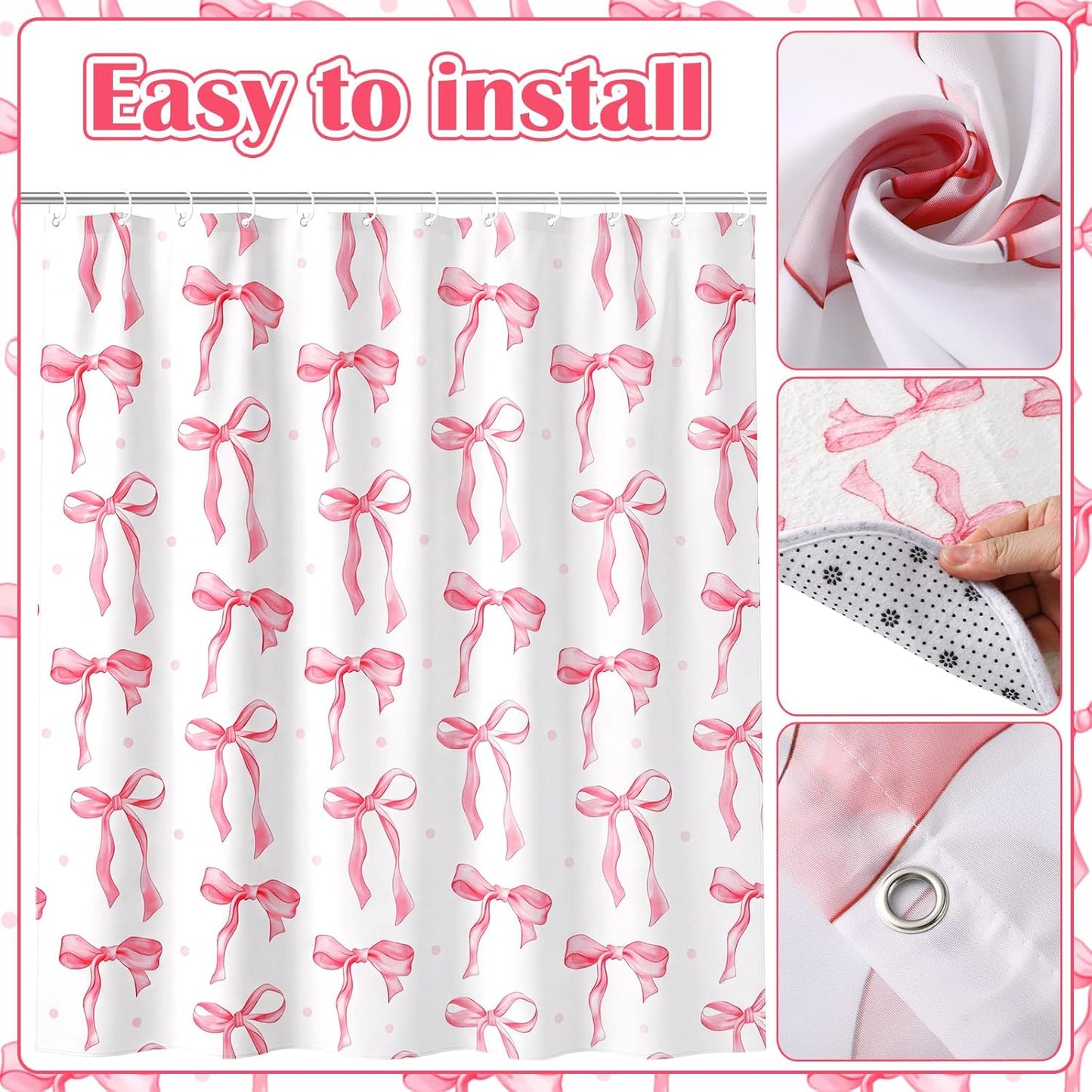 Patelai 10 Pcs Pink Bow Bathroom Accessories Set Cute Coquette Shower Curtain and Rugs Aesthetic Girly Bow Farmhouse Bathroom Decor Trash Can Soap Dish Toilet Lid Cover Toothbrush Holder Cup for Home