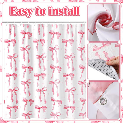 Patelai 10 Pcs Pink Bow Bathroom Accessories Set Cute Coquette Shower Curtain and Rugs Aesthetic Girly Bow Farmhouse Bathroom Decor Trash Can Soap Dish Toilet Lid Cover Toothbrush Holder Cup for Home