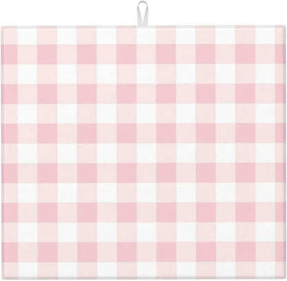 Pink Checkboard Print Microfiber Dish Drying Mat for Kitchen Counter 16x18 in Super Absorbent Drying Pad for Countertops, Sinks, Draining Racks with Hanging