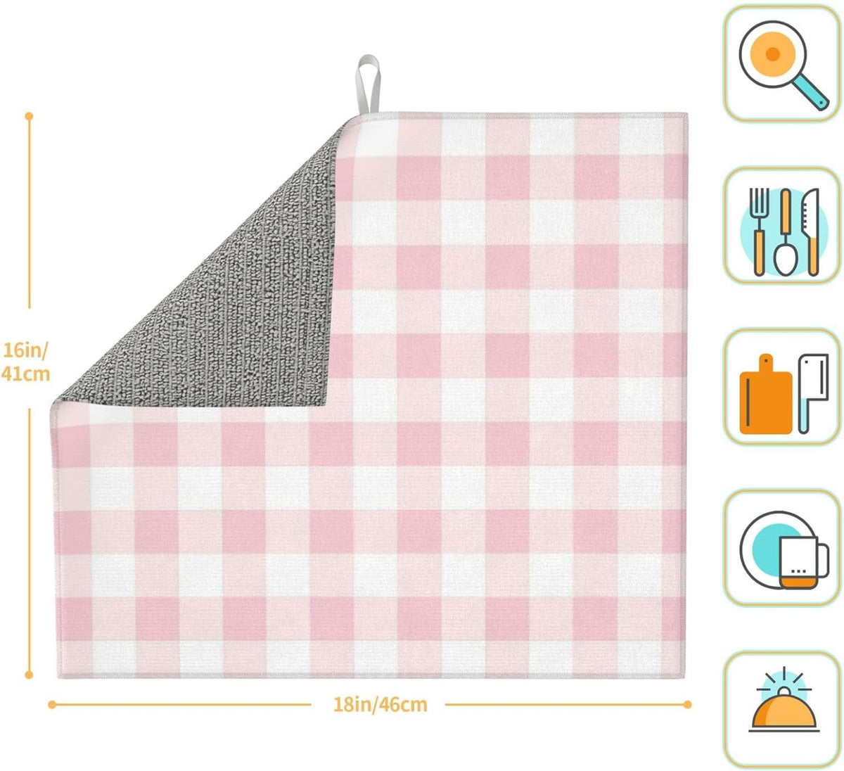 Pink Checkboard Print Microfiber Dish Drying Mat for Kitchen Counter 16x18 in Super Absorbent Drying Pad for Countertops, Sinks, Draining Racks with Hanging