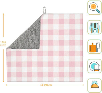 Pink Checkboard Print Microfiber Dish Drying Mat for Kitchen Counter 16x18 in Super Absorbent Drying Pad for Countertops, Sinks, Draining Racks with Hanging