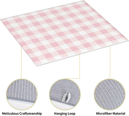 Pink Checkboard Print Microfiber Dish Drying Mat for Kitchen Counter 16x18 in Super Absorbent Drying Pad for Countertops, Sinks, Draining Racks with Hanging