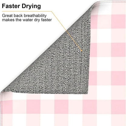 Pink Checkboard Print Microfiber Dish Drying Mat for Kitchen Counter 16x18 in Super Absorbent Drying Pad for Countertops, Sinks, Draining Racks with Hanging