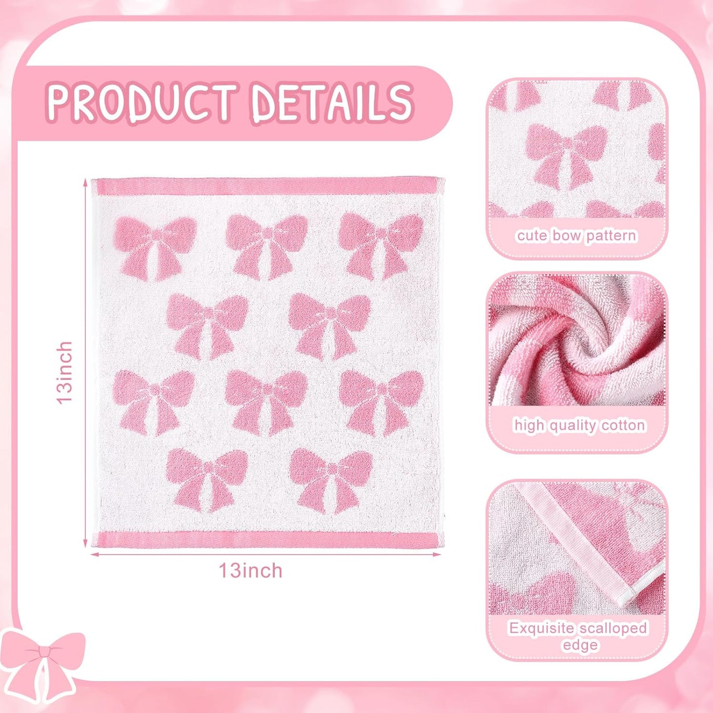 SmoothNovelty 6 Pcs Pink Bow Washcloths 100% Cotton Wash Cloths 13" x 13" Coquette Small Face Towels Absorbent Soft Hand Bath Towels for Bathroom, Spa, Kitchen Drying Cleaning(Cute Style)