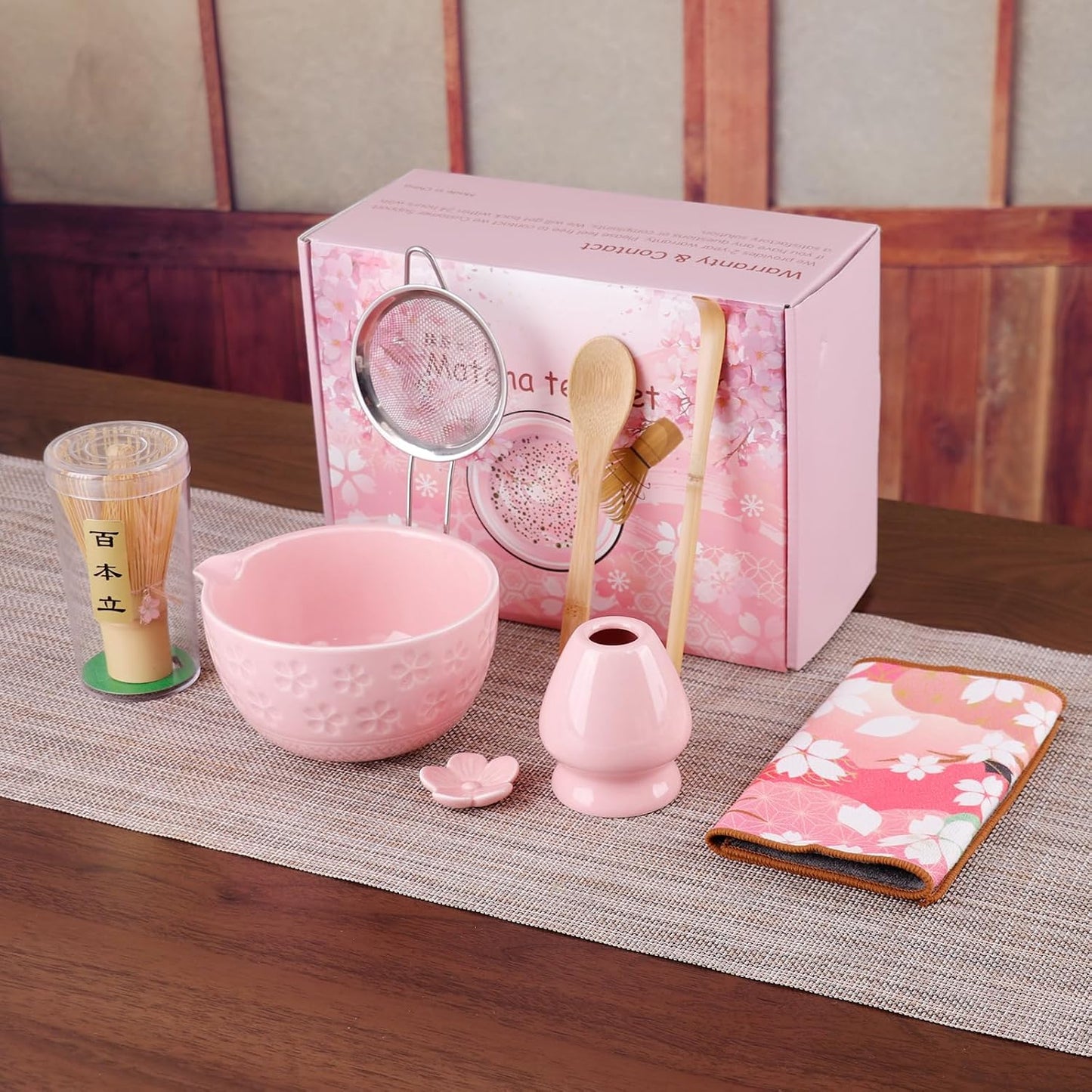 8-Piece Matcha Whisk Set with Ceramic Bowl – Complete Matcha Kit Pink | Includes ceramic bowl, bamboo whisk, scoop, holder, sifter & towel. Ideal for home tea ritual, beginners & matcha lovers.