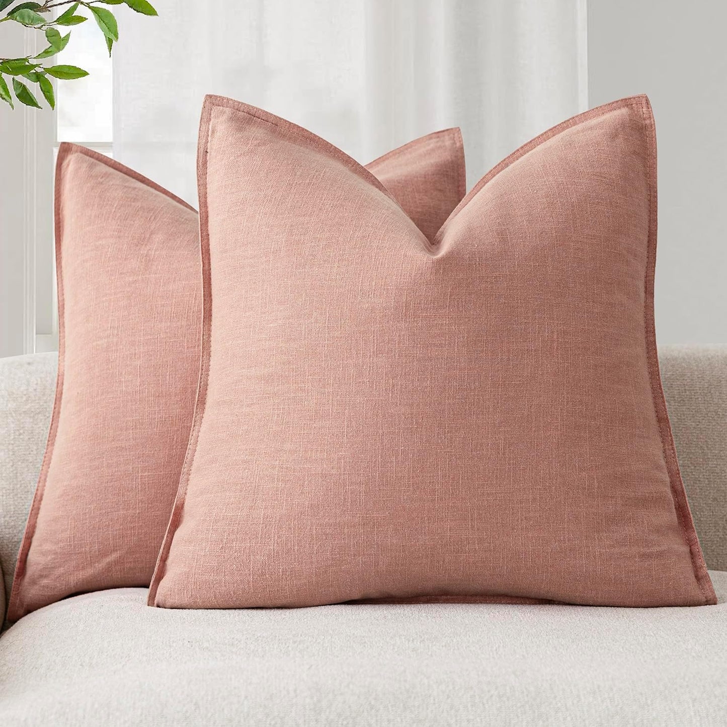 Foindtower Pack of 2, Decorative Linen Soild Throw Pillow Covers Soft Accent Euro Cushion Case Boho Farmhouse Pillowcase for Chair Couch Sofa Bedroom Living Room Home Decor 18 x 18 Inch Coral Pink