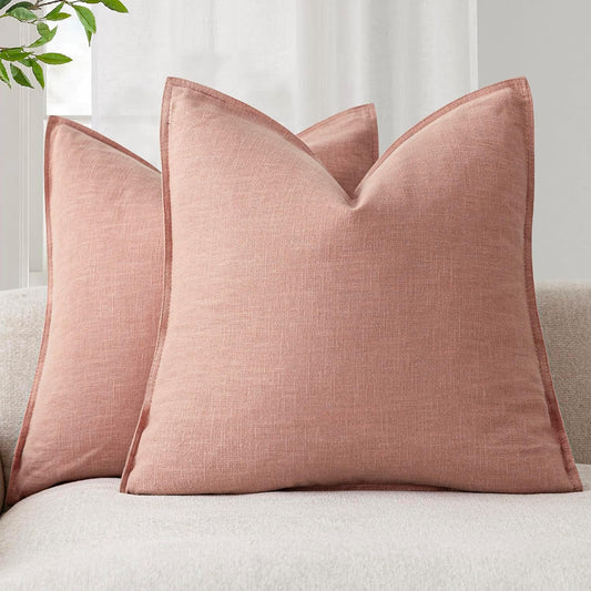 Foindtower Pack of 2, Decorative Linen Soild Throw Pillow Covers Soft Accent Euro Cushion Case Boho Farmhouse Pillowcase for Chair Couch Sofa Bedroom Living Room Home Decor 18 x 18 Inch Coral Pink
