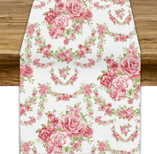 Watercolor Flowers Table Runner,Seasonal Spring Pink Flowers Table Runners Dresser Scarves Table Setting Decor for Garden Wedding Holiday Dinner Home 13x36in