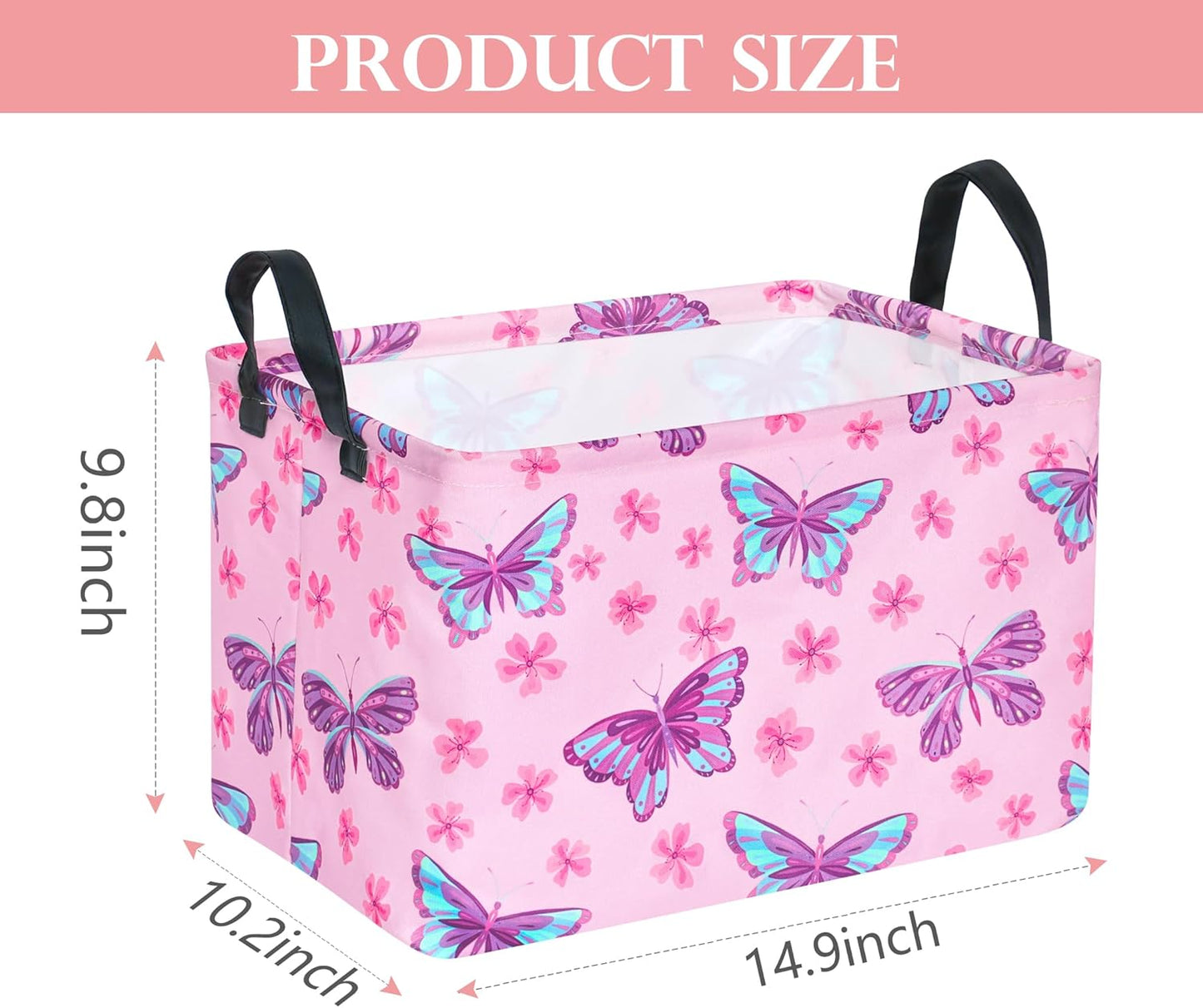 Pink Butterfly Storage Basket Gift Laundry Bins Collapsible Storage Baskets Box Laundry Nursery Hamper for Home and Office Decoration with Handles