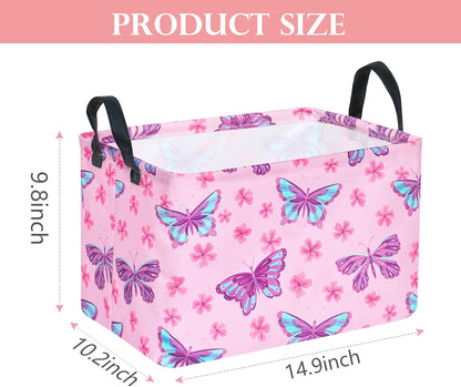 Pink Butterfly Storage Basket Gift Laundry Bins Collapsible Storage Baskets Box Laundry Nursery Hamper for Home and Office Decoration with Handles