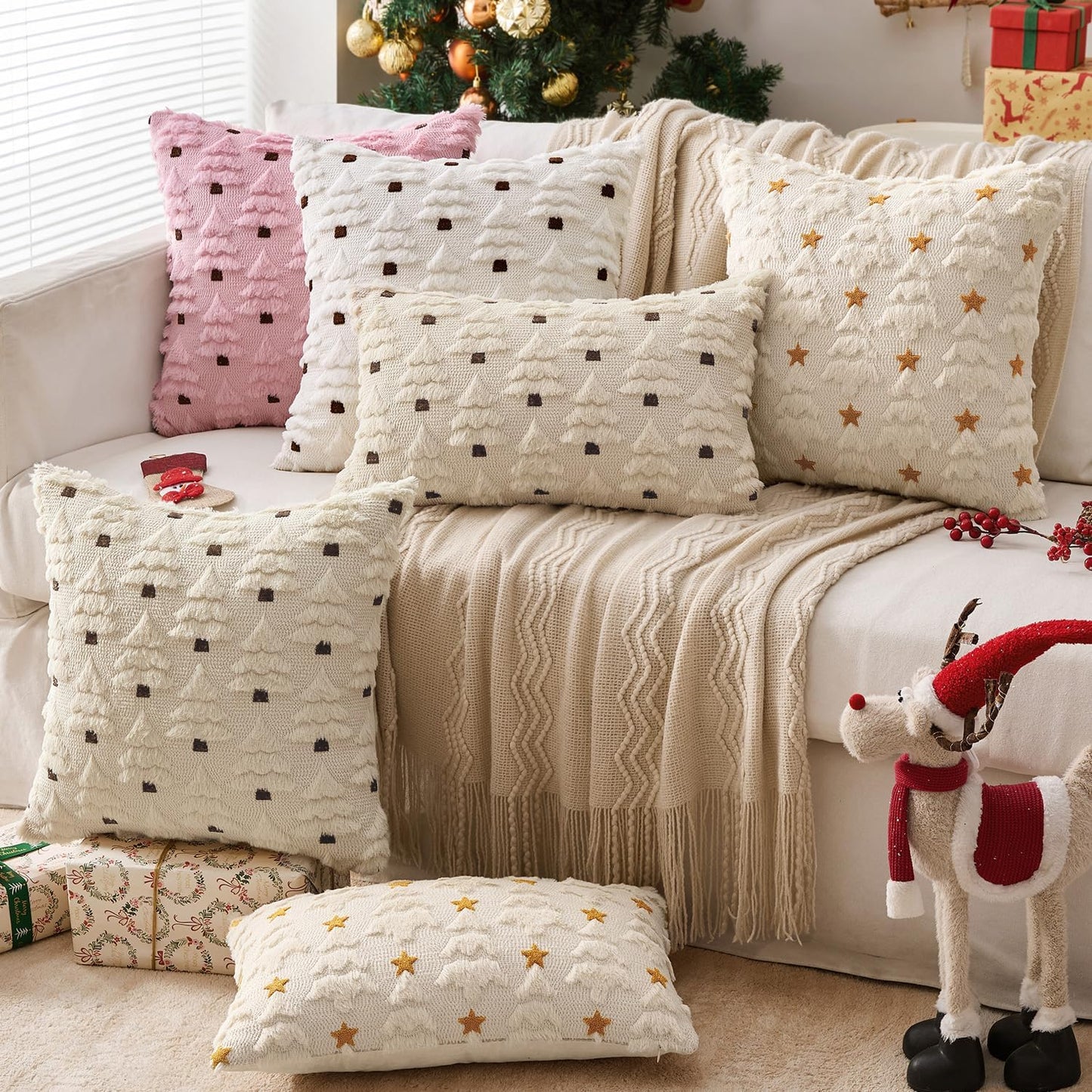 MIULEE Christmas Tree Decorative Pillow Covers Faux Fur Wool Throw Pillows Soft Plush Cushion Covers Set of 2 Xmas Home Decor Winter Holiday for Sofa Couch Livingroom Bed 18x18 Inch Pink