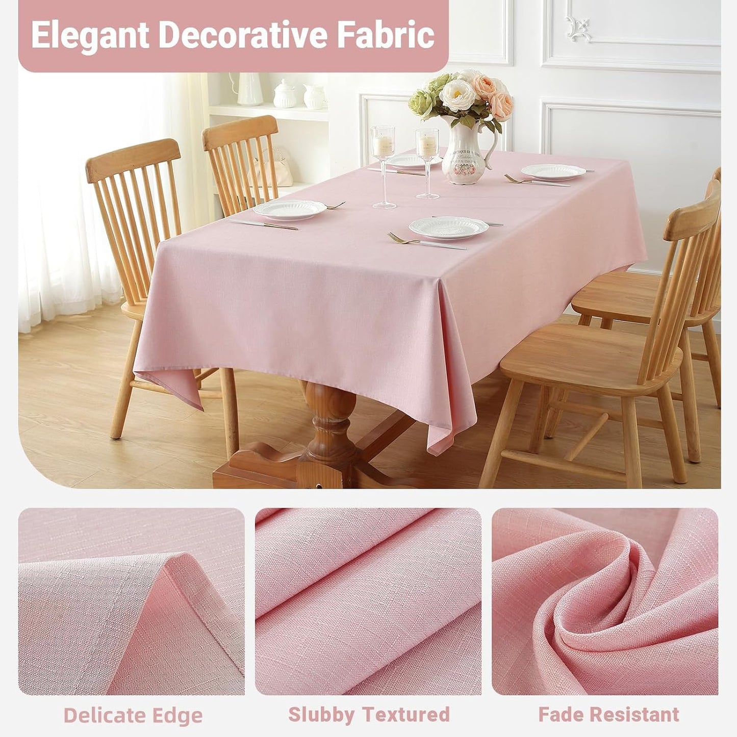 Laolitou Spring Table Cloth (Fits 4 Foot Table) Rectangle Linen Waterproof Textured Light Pink Tablecloth, Washable Wrinkle Free Spill Proof Fabric Tablecloths for Dining Table Farmhouse, 52x70 Inch