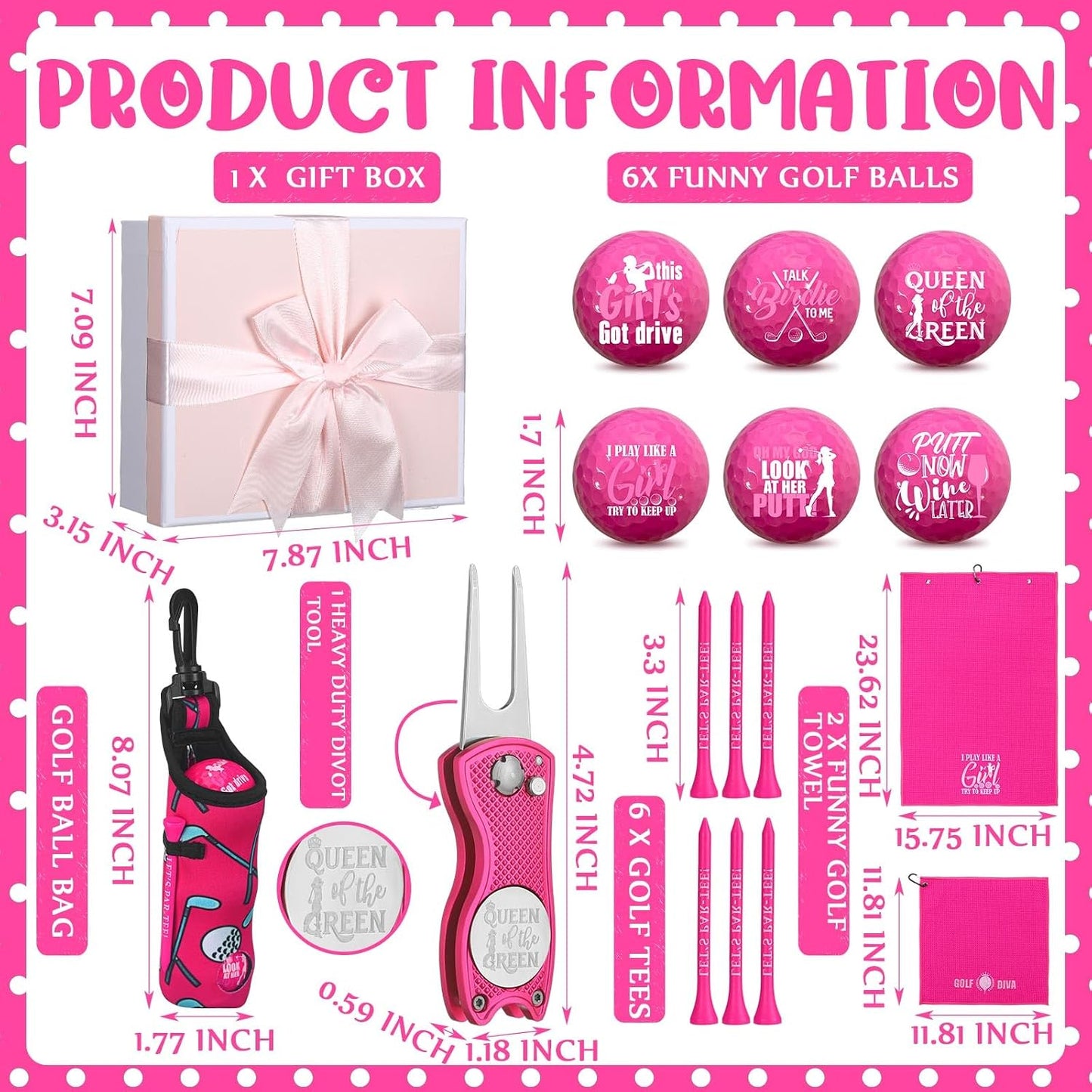 Realspring 18 Pcs Pink Golf Accessories Kit Gift for Women, Include 6 Pink Golf Balls, 6 Tees, 2 Towels, Ball Bag, Divot Tool, Gift Box