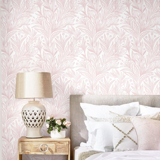 Dimoon Pink Peel and Stick Wallpaper Boho Pink White Contact Paper 17.3" X 78.7" Floral Leaf Textured Wallpaper Renter Friendly Removable Self Adhesive Wall Paper for Bathroom Bedroom Cabinets Vinyl