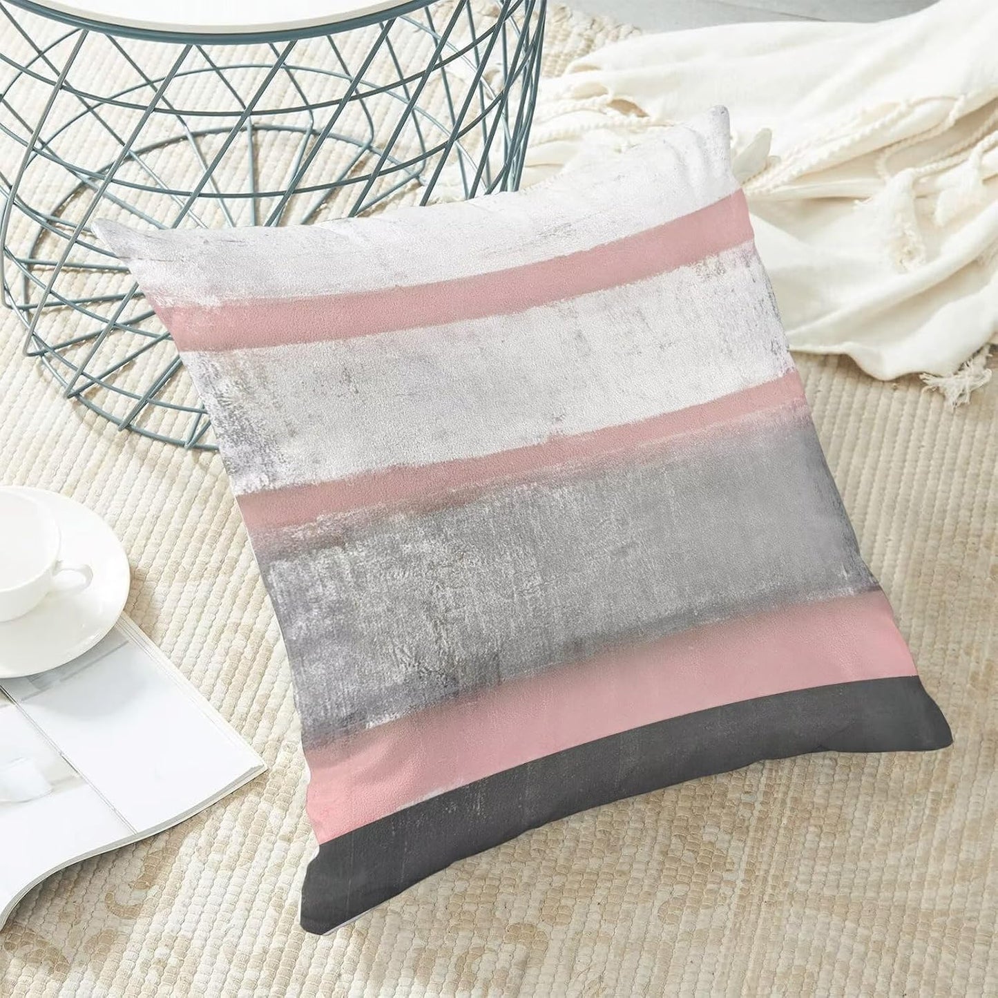 AEIOAE Pink Grey Pillow Covers 18x18 Set of 2 Beige Abstract Art Painting Striped Decorative Throw Pillow Covers Cotton Square Modern Cushion Case for Home Couch Sofa Outdoor