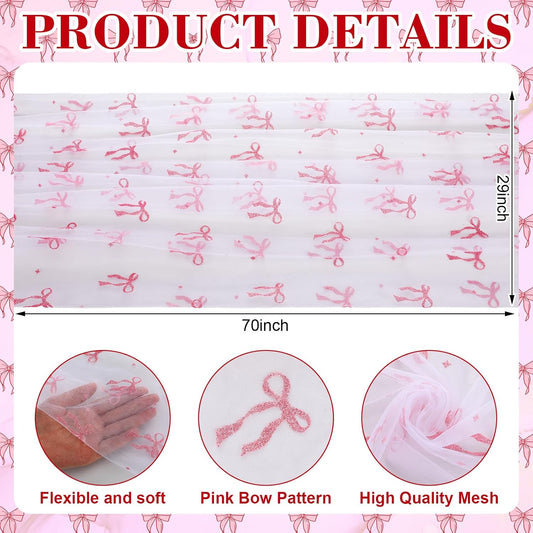 4 Pcs Pink Bow Table Runners 29 x 70 Inch White Tulle Lace Table Runner Coquette Bow Tablecover for Wedding Birthday Baby Shower Valentine's Home Decor