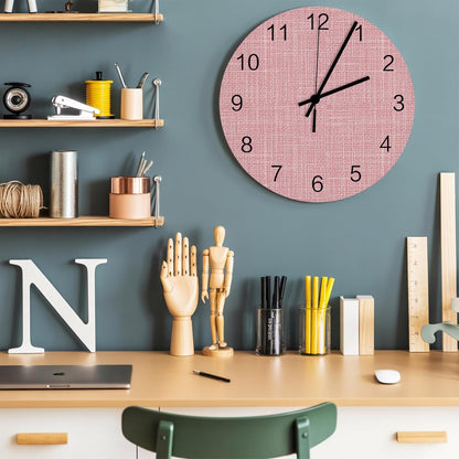 Coral Pink Linen Weave Wall Clock Battery Operated Non-Ticking 12" Round Wood Clocks, Soft Pastel Texture Kitchen Wall Clock for School Bathroom Living Room Home Office Wall Decor
