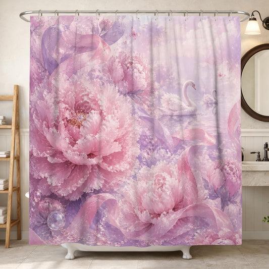 Peony Shower Curtain, Romantic Elegant Ribbon Swan Spring Peach Waterproof Fabric Toile Cloth Shower Curtains for Bathroom Toile Guest Room Decor 72x72 Inch