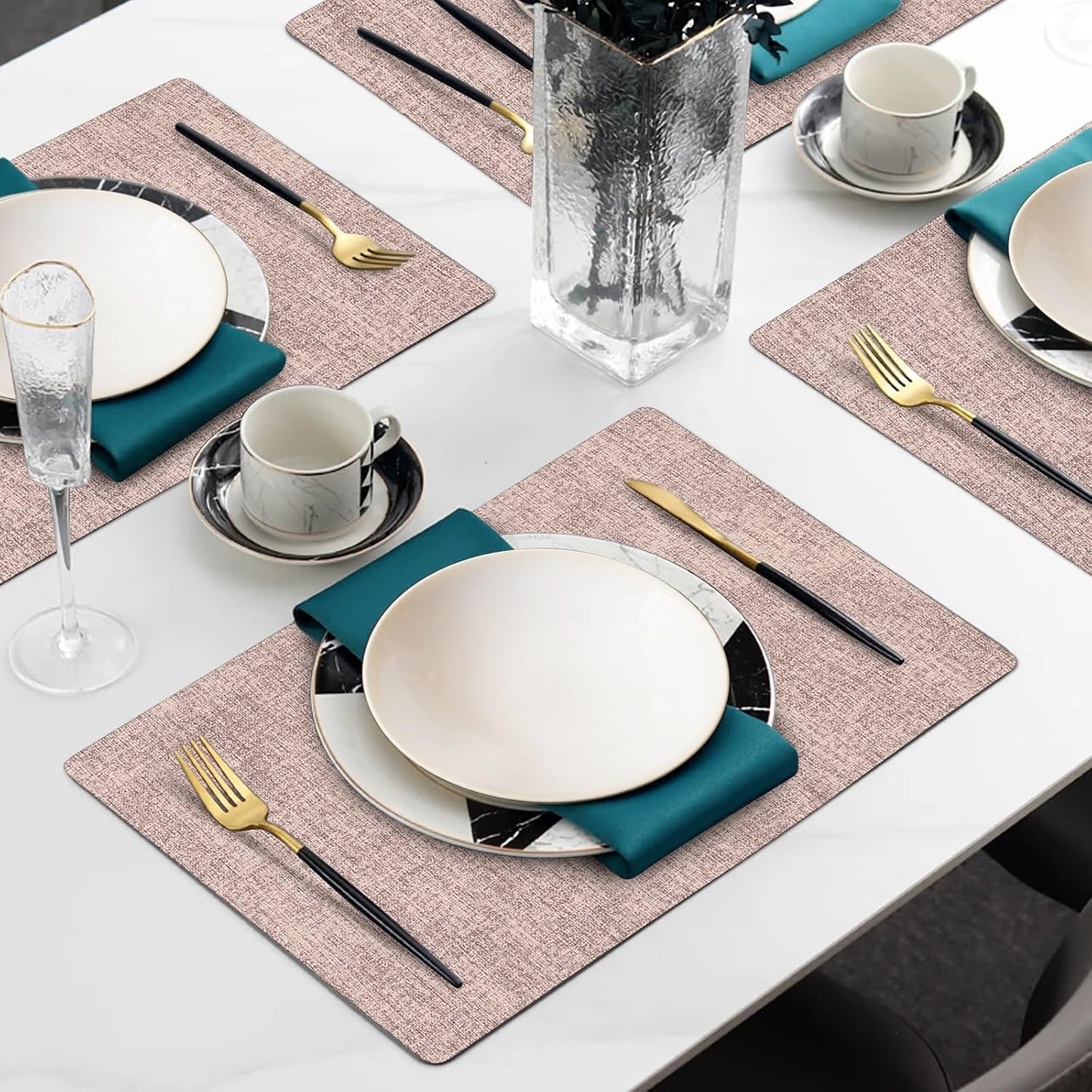 Faux Leather Heat Resistant Placemats Set of 6 – Waterproof Oilproof Wipeable Dining PU Place Mat Easy Clean Table Mats for Kitchen/Dining/Party/Holiday, Pink