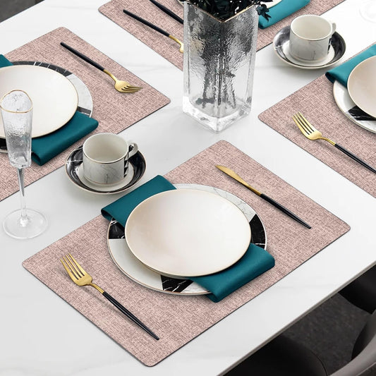 Faux Leather Heat Resistant Placemats Set of 6 – Waterproof Oilproof Wipeable Dining PU Place Mat Easy Clean Table Mats for Kitchen/Dining/Party/Holiday, Pink