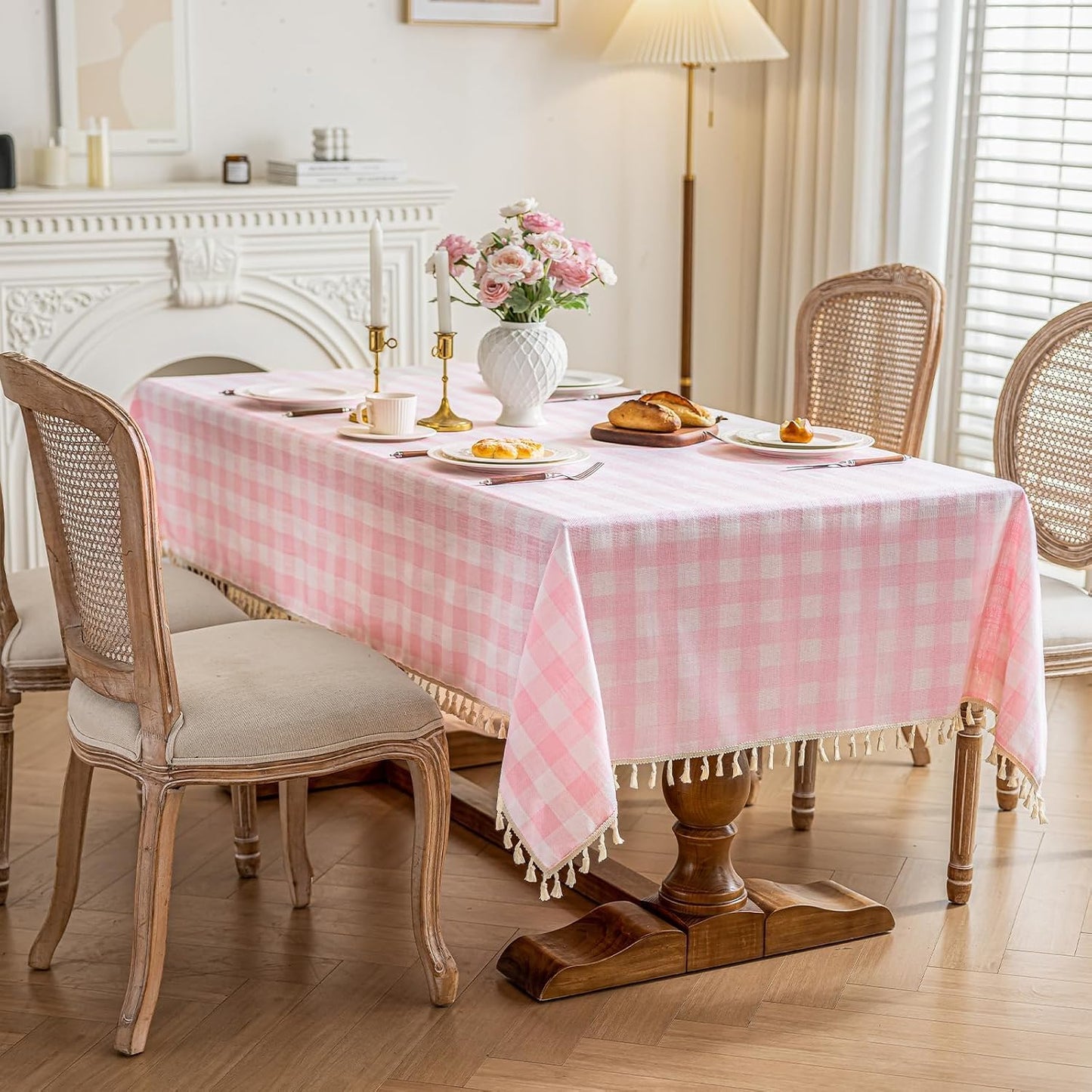 Checkered Tablecloth Round Cotton Linen Gingham Table Cloth with Tassel Washable Wrinkle Free Heavy Duty Buffalo Plaid Table Cover for Dining/Party/Picnic (Pink, 55" x 55" (Round))